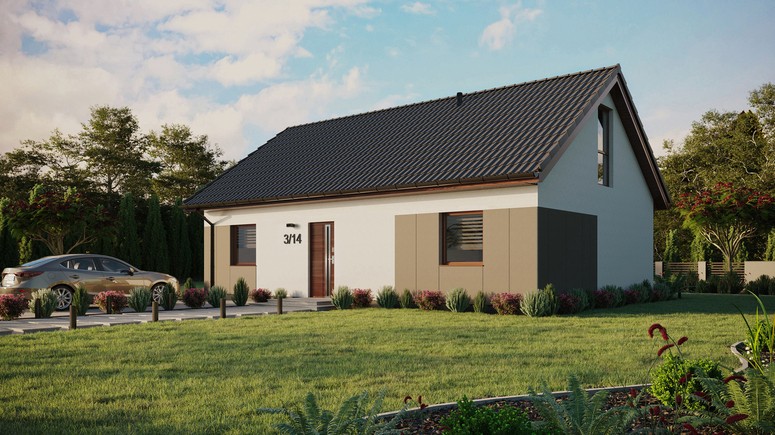 Projekt ERDOL 2 XL - Wersja lewa (salon po lewej stronie) - Dwuspadowy z poddaszem użytkowym – kąt nachylenia 35 stopni - Bez okien/świetlików dachowych - Okno balkonowe w jadalni i okna na poddaszu do podłogi - Styropian, siatka i klej - Orzech - Bez instalacji fotowoltaicznej