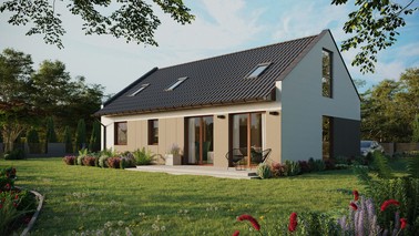 Projekt ERDOL 2 XL - Wersja lewa (salon po lewej stronie) - Dwuspadowy nowoczesny z poddaszem użytkowym – kąt nachylenia 35 stopni - Dwa okna dachowe pokojowe i okno dachowe łazienkowe - Okno balkonowe w jadalni i okna na poddaszu do podłogi - Styropian, siatka i klej - Orzech - Bez instalacji fotowoltaicznej