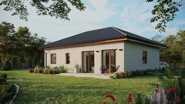 Projekt ERDOL 2 XL - Wersja lewa (salon po lewej stronie) - Czterospadowy bez poddasza użytkowego – kąt nachylenia 25 stopni - Bez okien/świetlików dachowych - Okna standardowe - Bez styropianu, siatki i kleju - Orzech