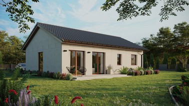 Projekt ERDOL 2 XL - Wersja prawa (salon po prawej stronie) - Dwuspadowy bez poddasza użytkowego – kąt nachylenia 25 stopni - Bez okien/świetlików dachowych - Okno balkonowe w jadalni - Bez styropianu, siatki i kleju - Orzech - Bez instalacji fotowoltaicznej