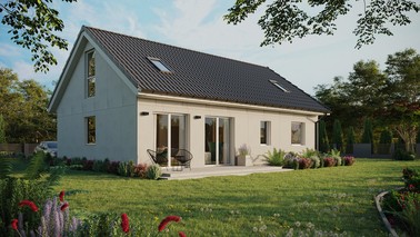 Projekt ERDOL 2 XL - Wersja prawa (salon po prawej stronie) - Dwuspadowy z poddaszem użytkowym – kąt nachylenia 35 stopni - Dwa okna dachowe pokojowe - Okna na poddaszu do podłogi - Bez styropianu, siatki i kleju - Biały - Instalacja fotowoltaiczna 6,4 kWp (16 paneli)