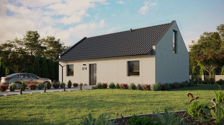 Projekt ERDOL 2 XL - Wersja lewa (salon po lewej stronie) - Dwuspadowy nowoczesny z poddaszem użytkowym – kąt nachylenia 35 stopni - Dwa okna dachowe pokojowe - Okno balkonowe w jadalni i okna na poddaszu do podłogi - Bez styropianu, siatki i kleju - Antracyt - Bez instalacji fotowoltaicznej