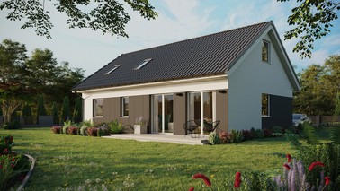 Projekt ERDOL 2 XL - Wersja lewa (salon po lewej stronie) - Dwuspadowy z poddaszem użytkowym – kąt nachylenia 35 stopni - Okno dachowe pokojowe i łazienkowe - Okna standardowe - Styropian, siatka i klej - Biały - Bez instalacji fotowoltaicznej