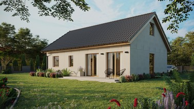 Projekt ERDOL 2 XL - Wersja lewa (salon po lewej stronie) - Dwuspadowy z poddaszem użytkowym – kąt nachylenia 35 stopni - Bez okien/świetlików dachowych - Okno balkonowe w jadalni - Bez styropianu, siatki i kleju - Winchester - Instalacja fotowoltaiczna 4,8 kWp (12 paneli)