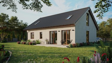 Projekt ERDOL 2 XL - Wersja lewa (salon po lewej stronie) - Dwuspadowy z poddaszem użytkowym – kąt nachylenia 35 stopni - Dwa okna dachowe pokojowe - Okno balkonowe w jadalni i okna na poddaszu do podłogi - Bez styropianu, siatki i kleju - Orzech - Bez instalacji fotowoltaicznej