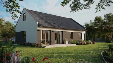 Projekt ERDOL 2 XL - Wersja prawa (salon po prawej stronie) - Dwuspadowy nowoczesny z poddaszem użytkowym – kąt nachylenia 35 stopni - Bez okien/świetlików dachowych - Okna standardowe - Styropian, siatka i klej - Antracyt - Bez instalacji fotowoltaicznej