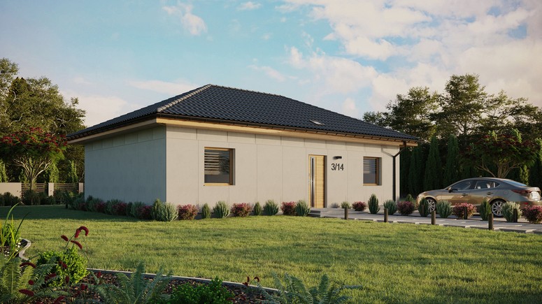 Projekt ERDOL 2 XL - Wersja prawa (salon po prawej stronie) - Czterospadowy bez poddasza użytkowego – kąt nachylenia 25 stopni - Świetlik dachowy - Okna standardowe - Bez styropianu, siatki i kleju - Winchester