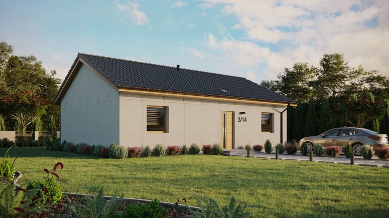 Projekt ERDOL 2 XL - Wersja prawa (salon po prawej stronie) - Dwuspadowy bez poddasza użytkowego – kąt nachylenia 25 stopni - Świetlik dachowy - Okna standardowe - Bez styropianu, siatki i kleju - Winchester - Bez instalacji fotowoltaicznej