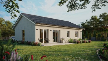 Projekt ERDOL 2 XL - Wersja prawa (salon po prawej stronie) - Dwuspadowy bez poddasza użytkowego – kąt nachylenia 25 stopni - Bez okien/świetlików dachowych - Okno balkonowe w jadalni - Bez styropianu, siatki i kleju - Biały - Bez instalacji fotowoltaicznej