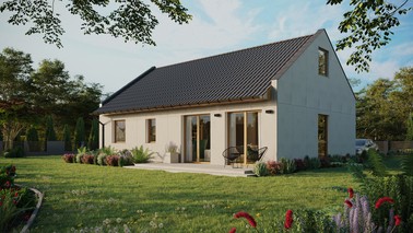 Projekt ERDOL 2 XL - Wersja lewa (salon po lewej stronie) - Dwuspadowy nowoczesny z poddaszem użytkowym – kąt nachylenia 35 stopni - Bez okien/świetlików dachowych - Okno balkonowe w jadalni - Bez styropianu, siatki i kleju - Winchester - Instalacja fotowoltaiczna 8,0 kWp (20 paneli)