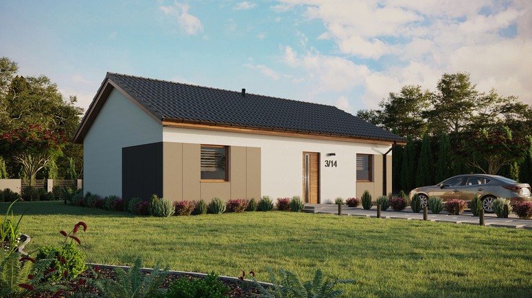 Projekt ERDOL 2 XL - Wersja prawa (salon po prawej stronie) - Dwuspadowy bez poddasza użytkowego – kąt nachylenia 25 stopni - Bez okien/świetlików dachowych - Okna standardowe - Styropian, siatka i klej - Złoty dąb - Bez instalacji fotowoltaicznej