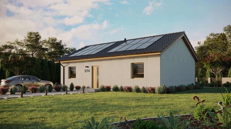 Projekt ERDOL 2 XL - Wersja lewa (salon po lewej stronie) - Dwuspadowy bez poddasza użytkowego – kąt nachylenia 25 stopni - Bez okien/świetlików dachowych - Okno balkonowe w jadalni - Bez styropianu, siatki i kleju - Winchester - Instalacja fotowoltaiczna 6,4 kWp (16 paneli)