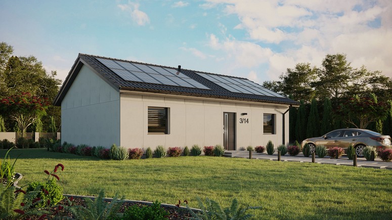 Projekt ERDOL 2 XL - Wersja prawa (salon po prawej stronie) - Dwuspadowy bez poddasza użytkowego – kąt nachylenia 25 stopni - Bez okien/świetlików dachowych - Okna standardowe - Bez styropianu, siatki i kleju - Antracyt - Instalacja fotowoltaiczna 8,0 kWp (20 paneli)