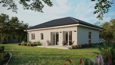 Projekt ERDOL 2 XL - Wersja lewa (salon po lewej stronie) - Czterospadowy bez poddasza użytkowego – kąt nachylenia 25 stopni - Bez okien/świetlików dachowych - Okno balkonowe w jadalni - Bez styropianu, siatki i kleju - Biały