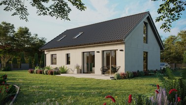 Projekt ERDOL 2 XL - Wersja lewa (salon po lewej stronie) - Dwuspadowy z poddaszem użytkowym – kąt nachylenia 35 stopni - Okno dachowe pokojowe i łazienkowe - Okno balkonowe w jadalni i okna na poddaszu do podłogi - Bez styropianu, siatki i kleju - Antracyt - Instalacja fotowoltaiczna 8,0 kWp (20 paneli)