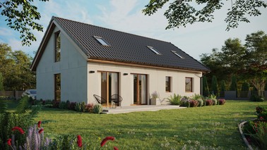 Projekt ERDOL 2 XL - Wersja prawa (salon po prawej stronie) - Dwuspadowy z poddaszem użytkowym – kąt nachylenia 35 stopni - Dwa okna dachowe pokojowe i okno dachowe łazienkowe - Okno balkonowe w jadalni i okna na poddaszu do podłogi - Bez styropianu, siatki i kleju - Złoty dąb - Instalacja fotowoltaiczna 6,4 kWp (16 paneli)