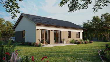 Projekt ERDOL 2 XL - Wersja prawa (salon po prawej stronie) - Dwuspadowy bez poddasza użytkowego – kąt nachylenia 25 stopni - Bez okien/świetlików dachowych - Okna standardowe - Styropian, siatka i klej - Orzech - Bez instalacji fotowoltaicznej