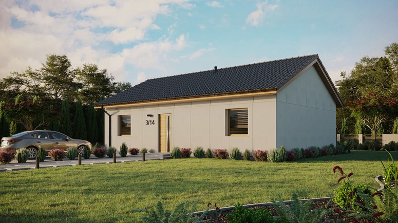 Projekt ERDOL 2 XL - Wersja lewa (salon po lewej stronie) - Dwuspadowy bez poddasza użytkowego – kąt nachylenia 25 stopni - Bez okien/świetlików dachowych - Okna standardowe - Bez styropianu, siatki i kleju - Winchester - Bez instalacji fotowoltaicznej