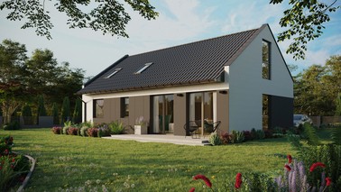 Projekt ERDOL 2 XL - Wersja lewa (salon po lewej stronie) - Dwuspadowy nowoczesny z poddaszem użytkowym – kąt nachylenia 35 stopni - Okno dachowe pokojowe i łazienkowe - Okno balkonowe w jadalni i okna na poddaszu do podłogi - Styropian, siatka i klej - Antracyt - Bez instalacji fotowoltaicznej