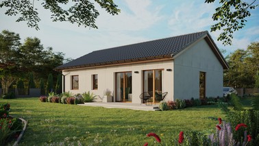 Projekt ERDOL 2 XL - Wersja lewa (salon po lewej stronie) - Dwuspadowy bez poddasza użytkowego – kąt nachylenia 25 stopni - Bez okien/świetlików dachowych - Okno balkonowe w jadalni - Bez styropianu, siatki i kleju - Złoty dąb - Bez instalacji fotowoltaicznej