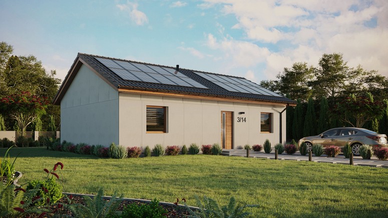 Projekt ERDOL 2 XL - Wersja prawa (salon po prawej stronie) - Dwuspadowy bez poddasza użytkowego – kąt nachylenia 25 stopni - Bez okien/świetlików dachowych - Okna standardowe - Bez styropianu, siatki i kleju - Złoty dąb - Instalacja fotowoltaiczna 8,0 kWp (20 paneli)