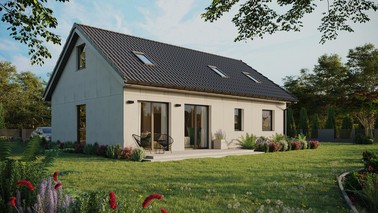 Projekt ERDOL 2 XL - Wersja prawa (salon po prawej stronie) - Dwuspadowy z poddaszem użytkowym – kąt nachylenia 35 stopni - Dwa okna dachowe pokojowe i okno dachowe łazienkowe - Okno balkonowe w jadalni - Bez styropianu, siatki i kleju - Antracyt - Bez instalacji fotowoltaicznej