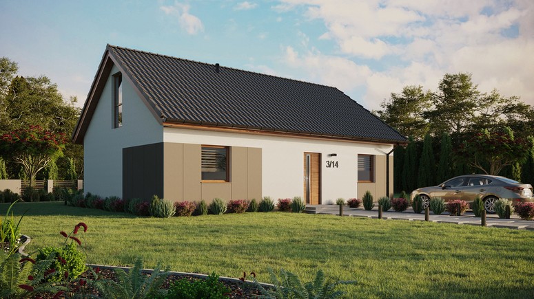 Projekt ERDOL 2 XL - Wersja prawa (salon po prawej stronie) - Dwuspadowy z poddaszem użytkowym – kąt nachylenia 35 stopni - Bez okien/świetlików dachowych - Okno balkonowe w jadalni i okna na poddaszu do podłogi - Styropian, siatka i klej - Złoty dąb - Bez instalacji fotowoltaicznej