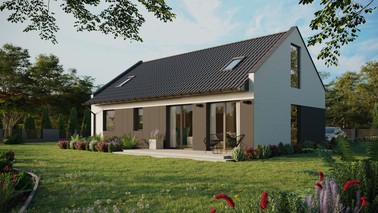 Projekt ERDOL 2 XL - Wersja lewa (salon po lewej stronie) - Dwuspadowy nowoczesny z poddaszem użytkowym – kąt nachylenia 35 stopni - Dwa okna dachowe pokojowe - Okno balkonowe w jadalni i okna na poddaszu do podłogi - Styropian, siatka i klej - Antracyt - Bez instalacji fotowoltaicznej