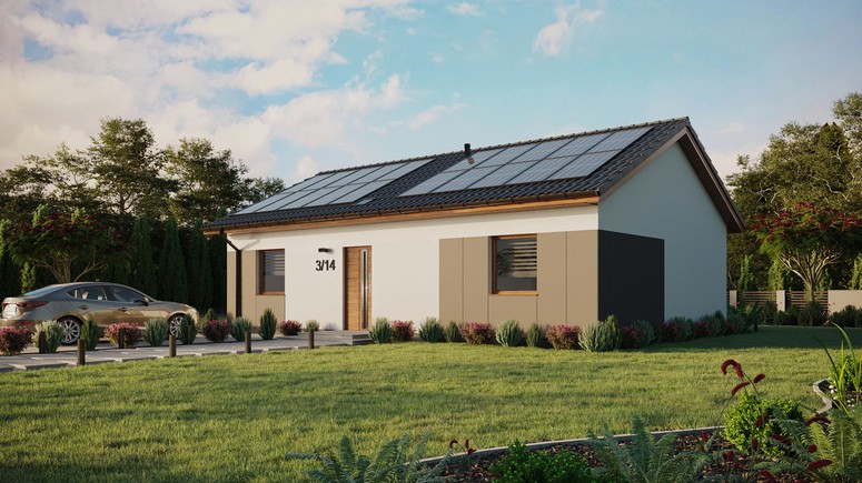 Projekt ERDOL 2 XL - Wersja lewa (salon po lewej stronie) - Dwuspadowy bez poddasza użytkowego – kąt nachylenia 25 stopni - Świetlik dachowy - Okno balkonowe w jadalni - Styropian, siatka i klej - Złoty dąb - Instalacja fotowoltaiczna 8,0 kWp (20 paneli)