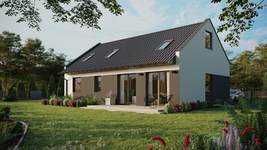 Projekt ERDOL 2 XL - Wersja lewa (salon po lewej stronie) - Dwuspadowy nowoczesny z poddaszem użytkowym – kąt nachylenia 35 stopni - Dwa okna dachowe pokojowe i okno dachowe łazienkowe - Okna standardowe - Styropian, siatka i klej - Antracyt - Bez instalacji fotowoltaicznej