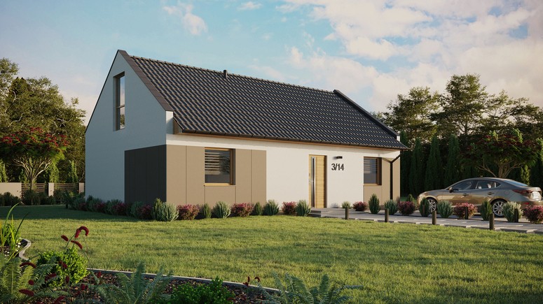 Projekt ERDOL 2 XL - Wersja prawa (salon po prawej stronie) - Dwuspadowy nowoczesny z poddaszem użytkowym – kąt nachylenia 35 stopni - Bez okien/świetlików dachowych - Okno balkonowe w jadalni i okna na poddaszu do podłogi - Styropian, siatka i klej - Winchester - Bez instalacji fotowoltaicznej