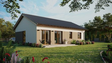 Projekt ERDOL 2 XL - Wersja prawa (salon po prawej stronie) - Dwuspadowy bez poddasza użytkowego – kąt nachylenia 25 stopni - Bez okien/świetlików dachowych - Okno balkonowe w jadalni - Styropian, siatka i klej - Złoty dąb - Bez instalacji fotowoltaicznej