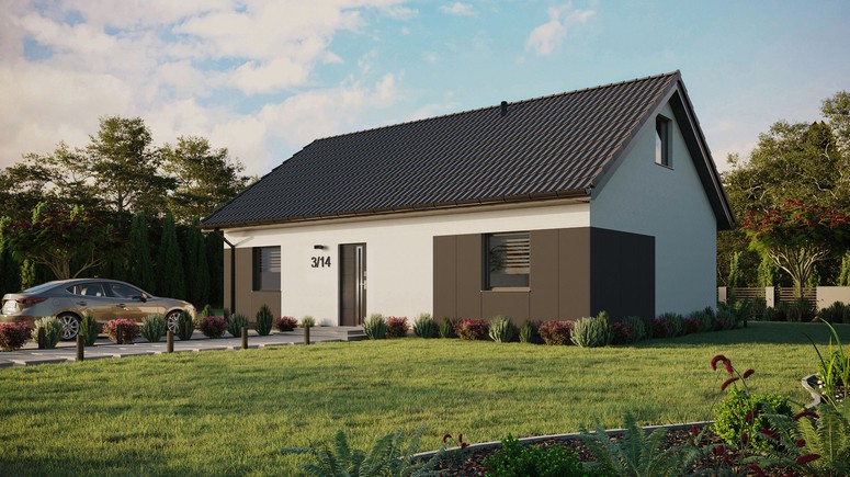 Projekt ERDOL 2 XL - Wersja lewa (salon po lewej stronie) - Dwuspadowy z poddaszem użytkowym – kąt nachylenia 35 stopni - Bez okien/świetlików dachowych - Okna standardowe - Styropian, siatka i klej - Antracyt - Bez instalacji fotowoltaicznej