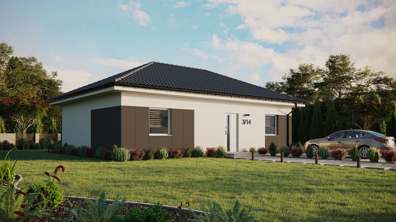 Projekt ERDOL 2 XL - Wersja prawa (salon po prawej stronie) - Czterospadowy bez poddasza użytkowego – kąt nachylenia 25 stopni - Bez okien/świetlików dachowych - Okna standardowe - Styropian, siatka i klej - Biały