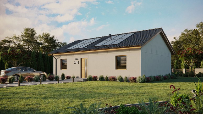 Projekt ERDOL 2 XL - Wersja lewa (salon po lewej stronie) - Dwuspadowy bez poddasza użytkowego – kąt nachylenia 25 stopni - Świetlik dachowy - Okna standardowe - Bez styropianu, siatki i kleju - Winchester - Instalacja fotowoltaiczna 4,8 kWp (12 paneli)