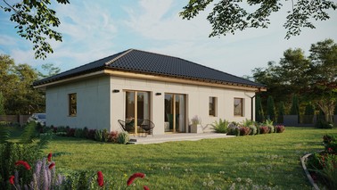 Projekt ERDOL 2 XL - Wersja prawa (salon po prawej stronie) - Czterospadowy bez poddasza użytkowego – kąt nachylenia 25 stopni - Bez okien/świetlików dachowych - Okna standardowe - Bez styropianu, siatki i kleju - Winchester