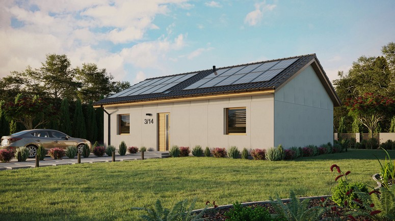 Projekt ERDOL 2 XL - Wersja lewa (salon po lewej stronie) - Dwuspadowy bez poddasza użytkowego – kąt nachylenia 25 stopni - Świetlik dachowy - Okna standardowe - Bez styropianu, siatki i kleju - Winchester - Instalacja fotowoltaiczna 8,0 kWp (20 paneli)