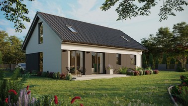 Projekt ERDOL 2 XL - Wersja prawa (salon po prawej stronie) - Dwuspadowy z poddaszem użytkowym – kąt nachylenia 35 stopni - Dwa okna dachowe pokojowe - Okno balkonowe w jadalni i okna na poddaszu do podłogi - Styropian, siatka i klej - Antracyt - Bez instalacji fotowoltaicznej