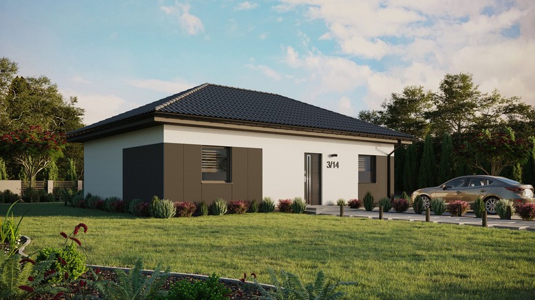 Projekt ERDOL 2 XL - Wersja prawa (salon po prawej stronie) - Czterospadowy bez poddasza użytkowego – kąt nachylenia 25 stopni - Bez okien/świetlików dachowych - Okna standardowe - Styropian, siatka i klej - Antracyt