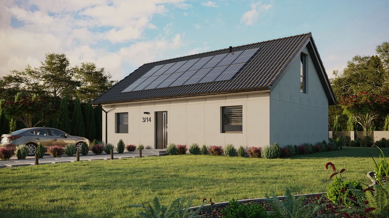 Projekt ERDOL 2 XL - Wersja lewa (salon po lewej stronie) - Dwuspadowy z poddaszem użytkowym – kąt nachylenia 35 stopni - Bez okien/świetlików dachowych - Okna na poddaszu do podłogi - Bez styropianu, siatki i kleju - Antracyt - Instalacja fotowoltaiczna 6,4 kWp (16 paneli)