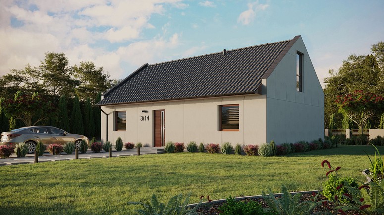 Projekt ERDOL 2 XL - Wersja lewa (salon po lewej stronie) - Dwuspadowy nowoczesny z poddaszem użytkowym – kąt nachylenia 35 stopni - Bez okien/świetlików dachowych - Okno balkonowe w jadalni i okna na poddaszu do podłogi - Bez styropianu, siatki i kleju - Orzech - Bez instalacji fotowoltaicznej