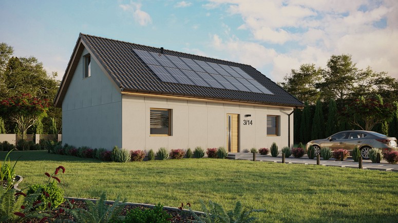 Projekt ERDOL 2 XL - Wersja prawa (salon po prawej stronie) - Dwuspadowy z poddaszem użytkowym – kąt nachylenia 35 stopni - Bez okien/świetlików dachowych - Okno balkonowe w jadalni - Bez styropianu, siatki i kleju - Winchester - Instalacja fotowoltaiczna 6,4 kWp (16 paneli)