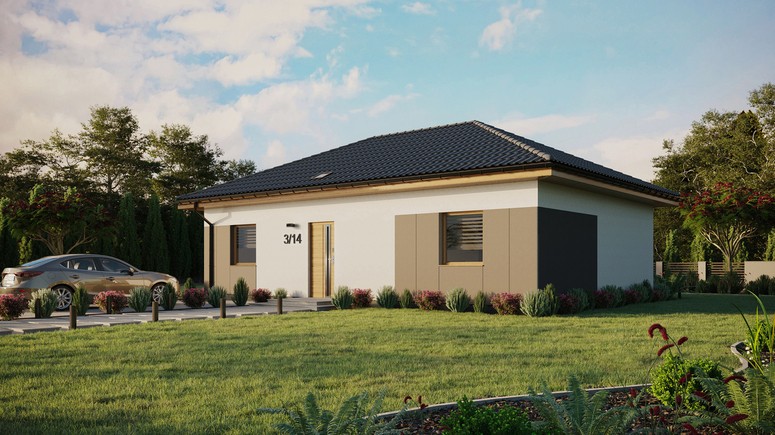 Projekt ERDOL 2 XL - Wersja lewa (salon po lewej stronie) - Czterospadowy bez poddasza użytkowego – kąt nachylenia 25 stopni - Świetlik dachowy - Okno balkonowe w jadalni - Styropian, siatka i klej - Winchester