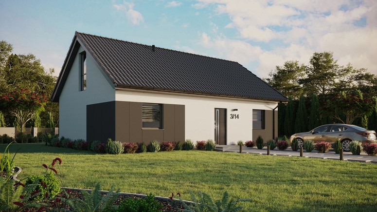 Projekt ERDOL 2 XL - Wersja prawa (salon po prawej stronie) - Dwuspadowy z poddaszem użytkowym – kąt nachylenia 35 stopni - Bez okien/świetlików dachowych - Okna na poddaszu do podłogi - Styropian, siatka i klej - Antracyt - Bez instalacji fotowoltaicznej