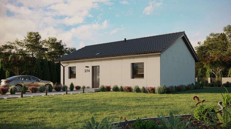 Projekt ERDOL 2 XL - Wersja lewa (salon po lewej stronie) - Dwuspadowy bez poddasza użytkowego – kąt nachylenia 25 stopni - Świetlik dachowy - Okna standardowe - Bez styropianu, siatki i kleju - Antracyt - Instalacja fotowoltaiczna 8,0 kWp (20 paneli)