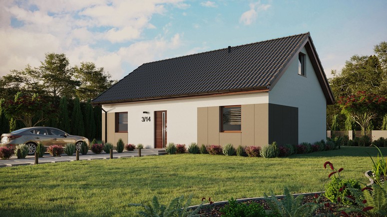 Projekt ERDOL 2 XL - Wersja lewa (salon po lewej stronie) - Dwuspadowy z poddaszem użytkowym – kąt nachylenia 35 stopni - Bez okien/świetlików dachowych - Okna standardowe - Styropian, siatka i klej - Orzech - Bez instalacji fotowoltaicznej