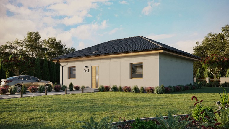 Projekt ERDOL 2 XL - Wersja lewa (salon po lewej stronie) - Czterospadowy bez poddasza użytkowego – kąt nachylenia 25 stopni - Świetlik dachowy - Okna standardowe - Bez styropianu, siatki i kleju - Winchester