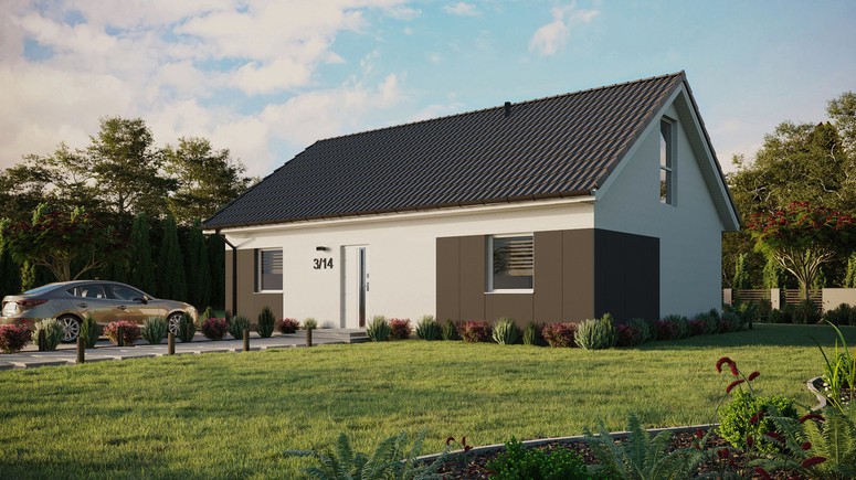 Projekt ERDOL 2 XL - Wersja lewa (salon po lewej stronie) - Dwuspadowy z poddaszem użytkowym – kąt nachylenia 35 stopni - Bez okien/świetlików dachowych - Okno balkonowe w jadalni i okna na poddaszu do podłogi - Styropian, siatka i klej - Biały - Bez instalacji fotowoltaicznej