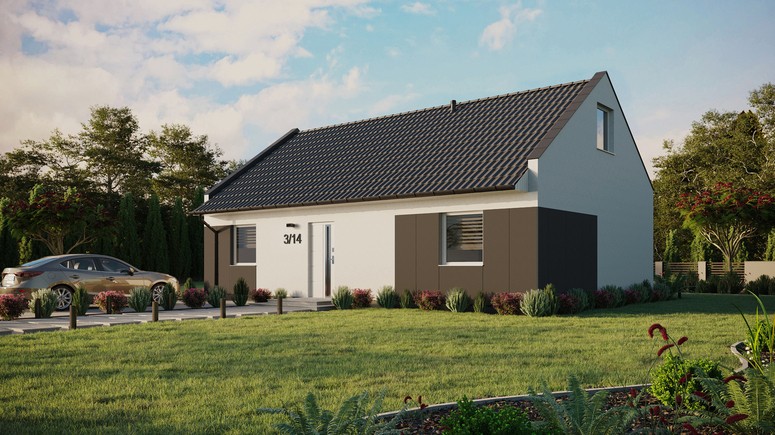 Projekt ERDOL 2 XL - Wersja lewa (salon po lewej stronie) - Dwuspadowy nowoczesny z poddaszem użytkowym – kąt nachylenia 35 stopni - Bez okien/świetlików dachowych - Okna standardowe - Styropian, siatka i klej - Biały - Bez instalacji fotowoltaicznej