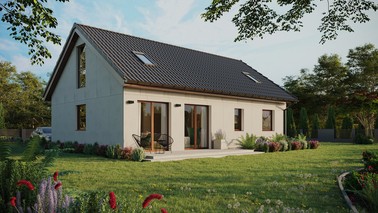 Projekt ERDOL 2 XL - Wersja prawa (salon po prawej stronie) - Dwuspadowy z poddaszem użytkowym – kąt nachylenia 35 stopni - Dwa okna dachowe pokojowe - Okna na poddaszu do podłogi - Bez styropianu, siatki i kleju - Orzech - Bez instalacji fotowoltaicznej